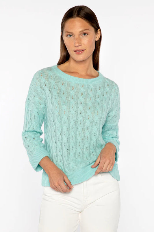 Kinross 3/4 sleeve pointelle cable crew Aquatic